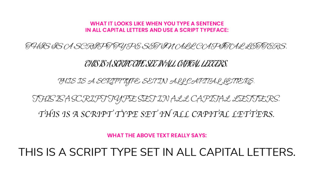 Script should never be put in all capital letters